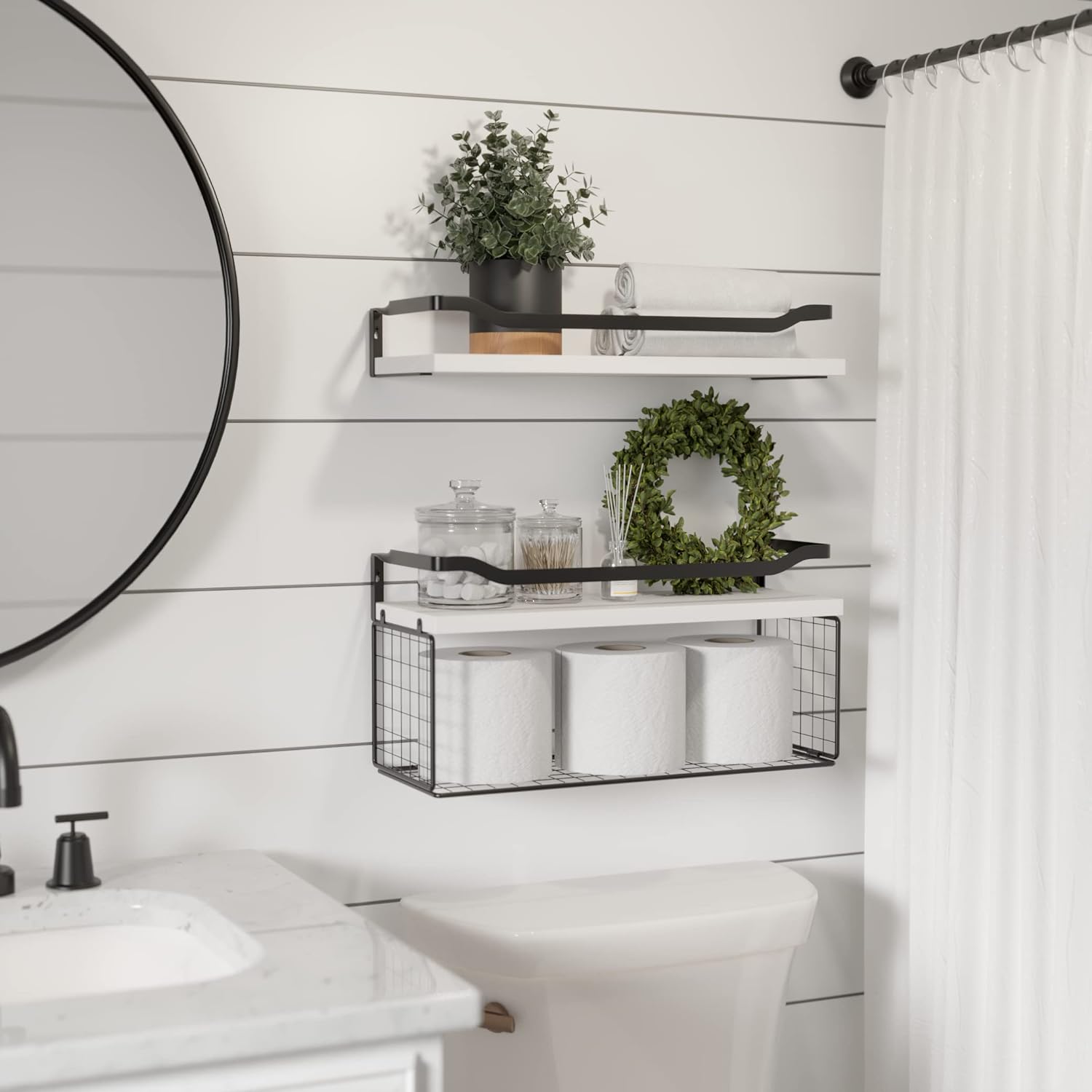 Floating Shelves with Wire Storage Basket, Bathroom Shelves, Wall Shelves Floating Shelves with Wire Storage Basket, Bathroom Shelves, Wall Shelves